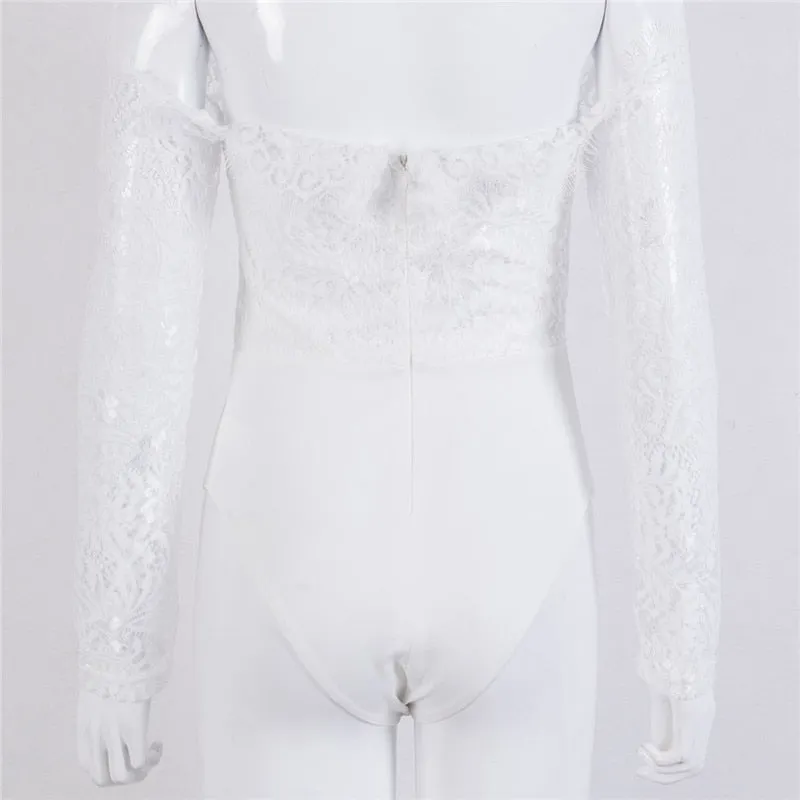 Ladies summer autumn off shoulder playsuits long sleeve sheer lace patchwork hollow bandage skinny playsuits