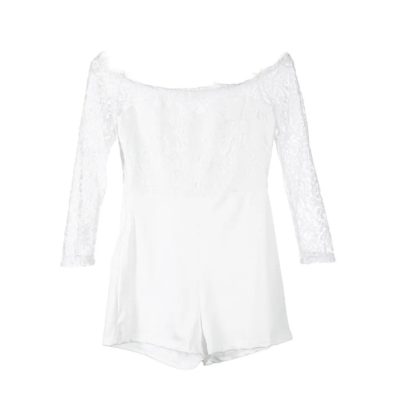 Ladies summer autumn off shoulder playsuits long sleeve sheer lace patchwork hollow bandage skinny playsuits