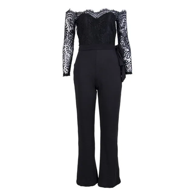 Ladies summer autumn off shoulder playsuits long sleeve sheer lace patchwork hollow bandage skinny playsuits