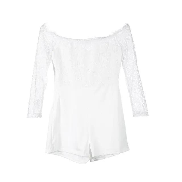 Ladies summer autumn off shoulder playsuits long sleeve sheer lace patchwork hollow bandage skinny playsuits