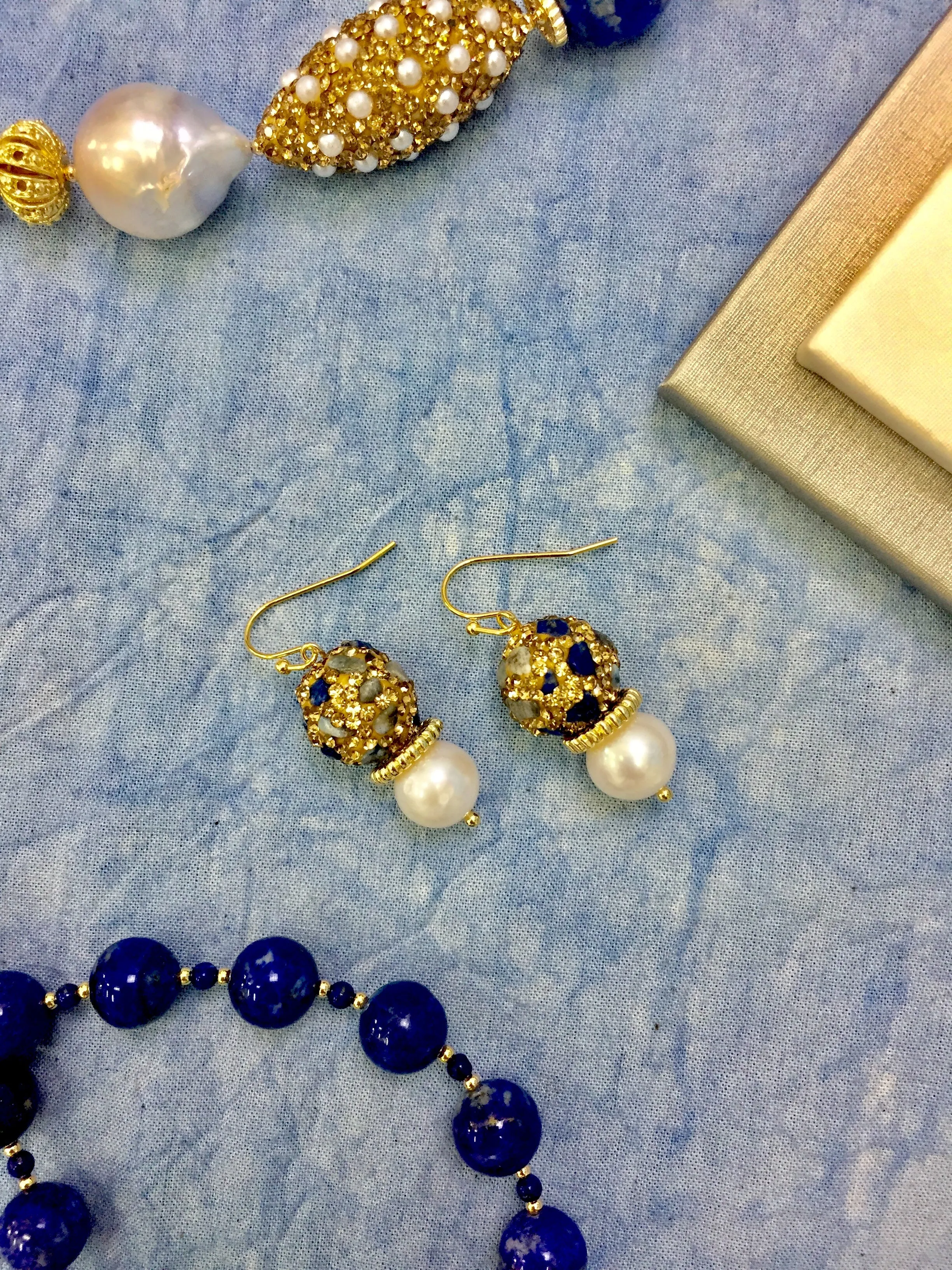 Lapis Rhinestone With Freshwater Pearl Earrings CE004