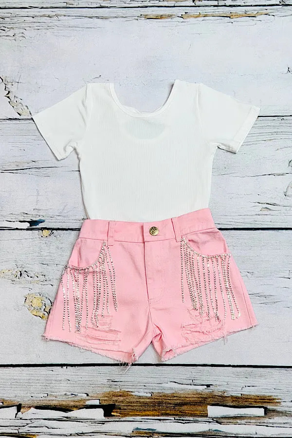 Light pink denim shorts w/rhinestone tassels DLH2414