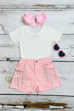 Light pink denim shorts w/rhinestone tassels DLH2414