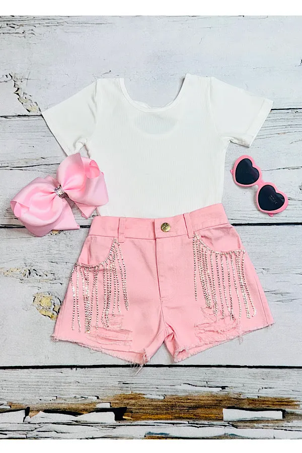 Light pink denim shorts w/rhinestone tassels DLH2414