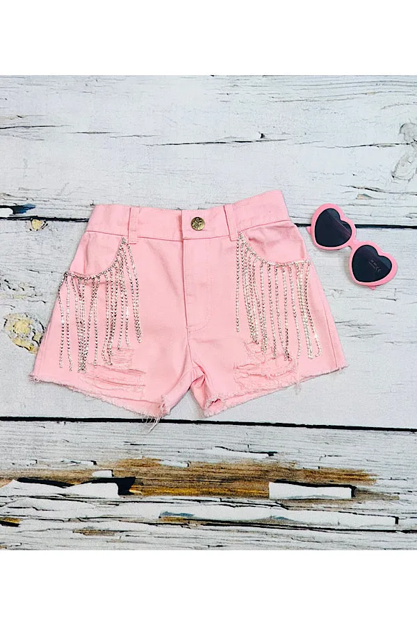 Light pink denim shorts w/rhinestone tassels DLH2414