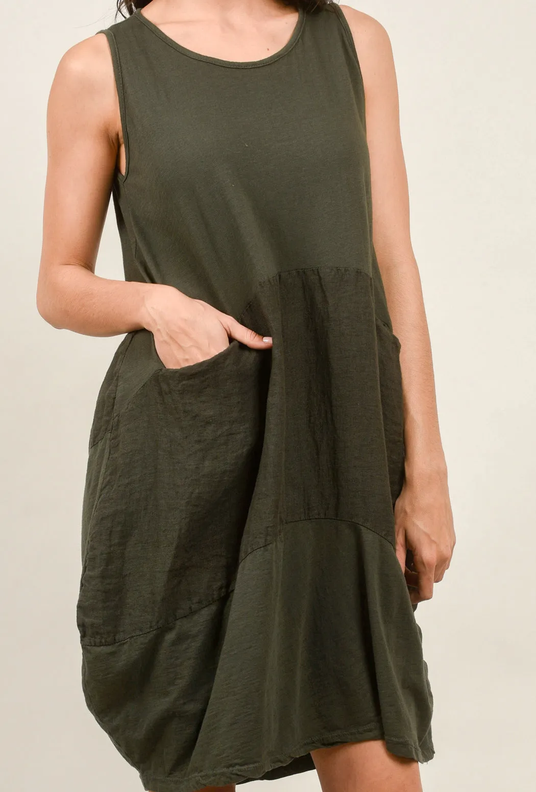 Linen Inset Bubble Dress, Charcoal