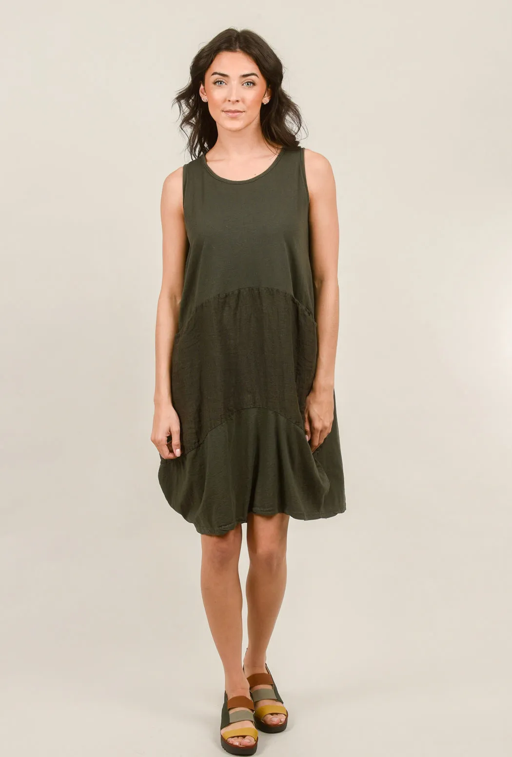 Linen Inset Bubble Dress, Charcoal