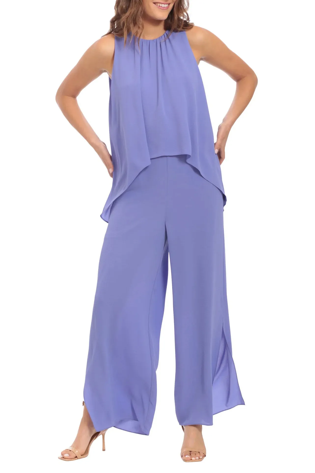 London Times Crew Neck Sleeveless Popover Side Slit Crepe Jumpsuit