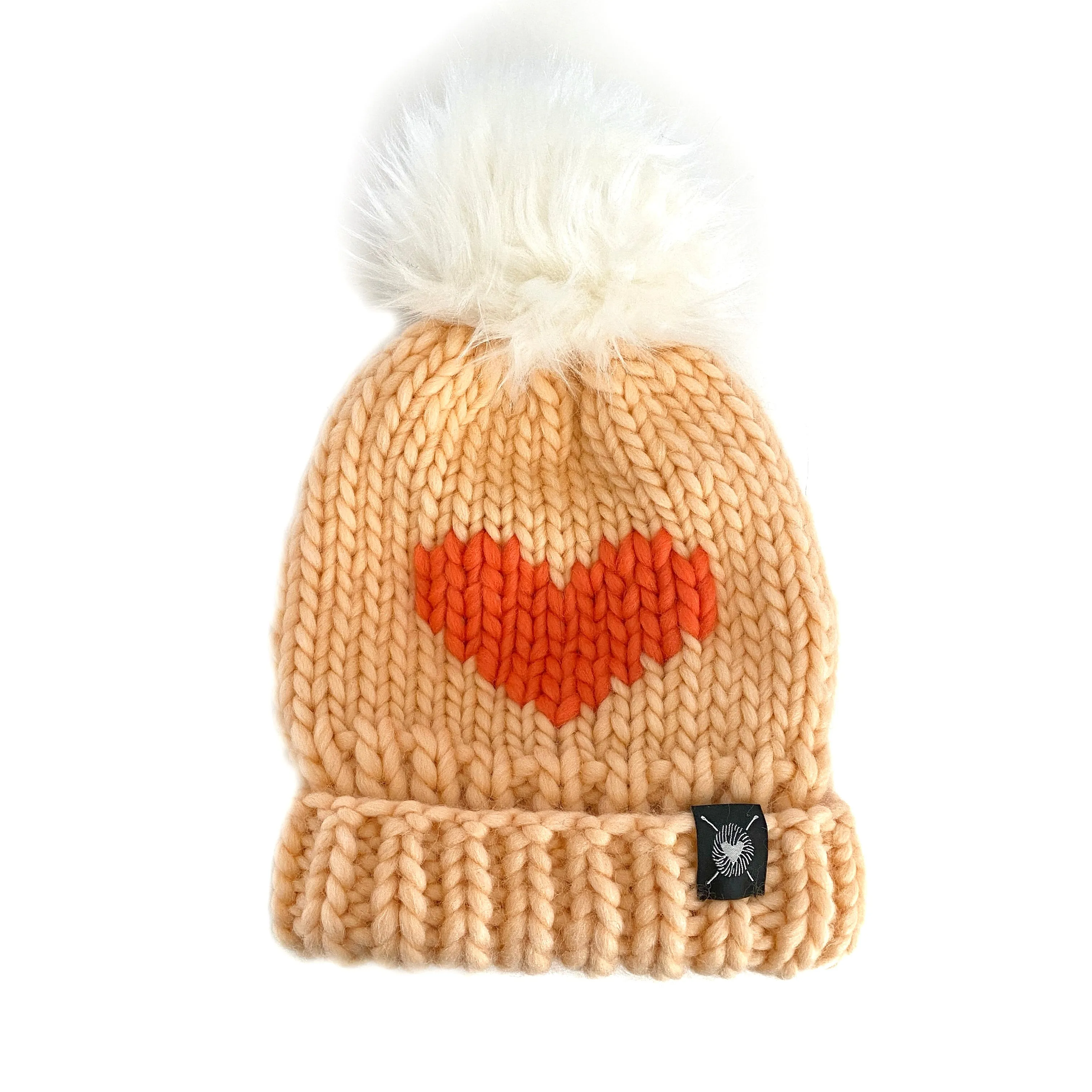 Luxury Big Heart Pom-Pom Beanie in Peach Dust   Neon Coral