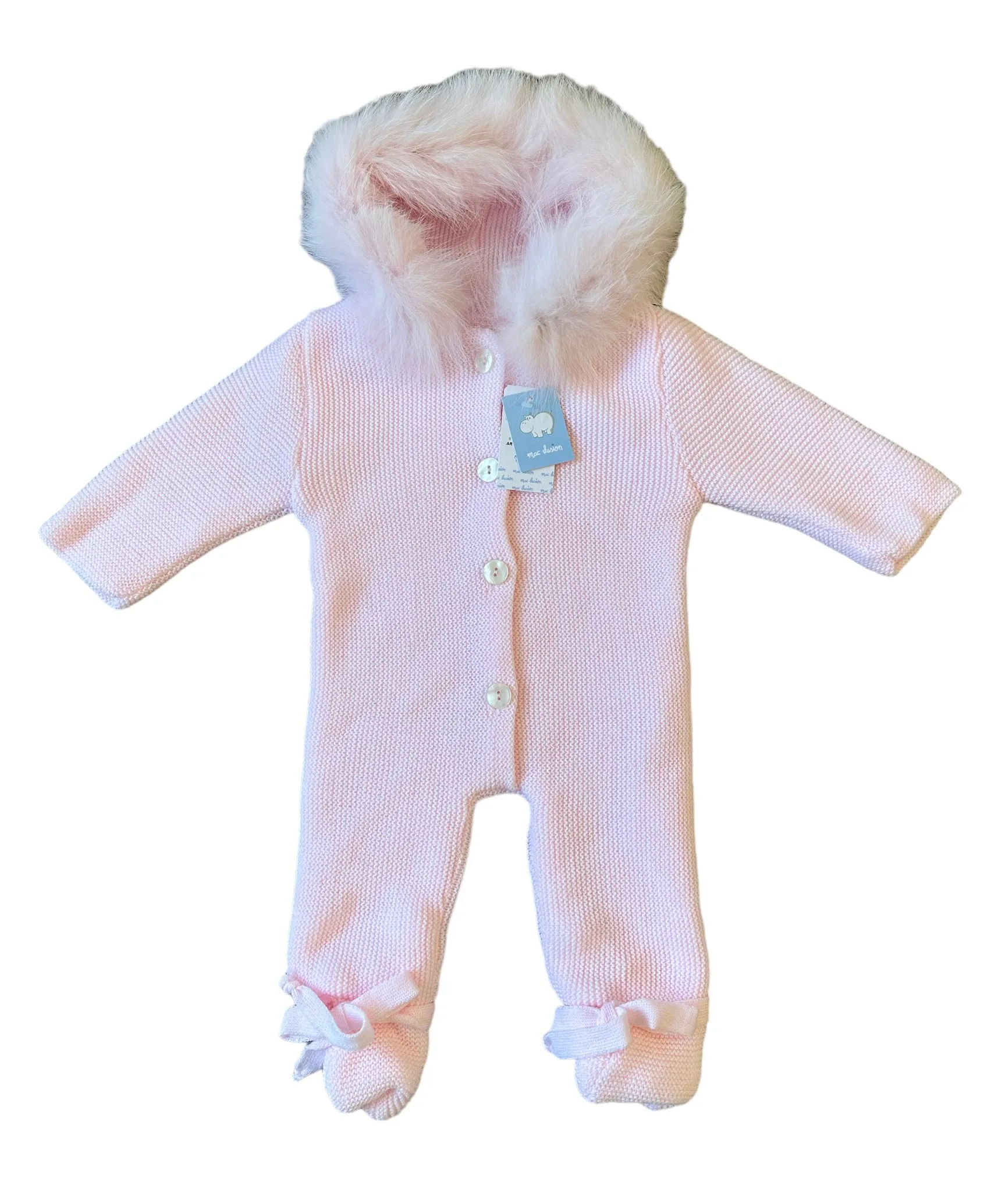 Mac Ilusion AW24 - Baby Girl's Knitted Lined Pramsuit with Natural Fur Hood