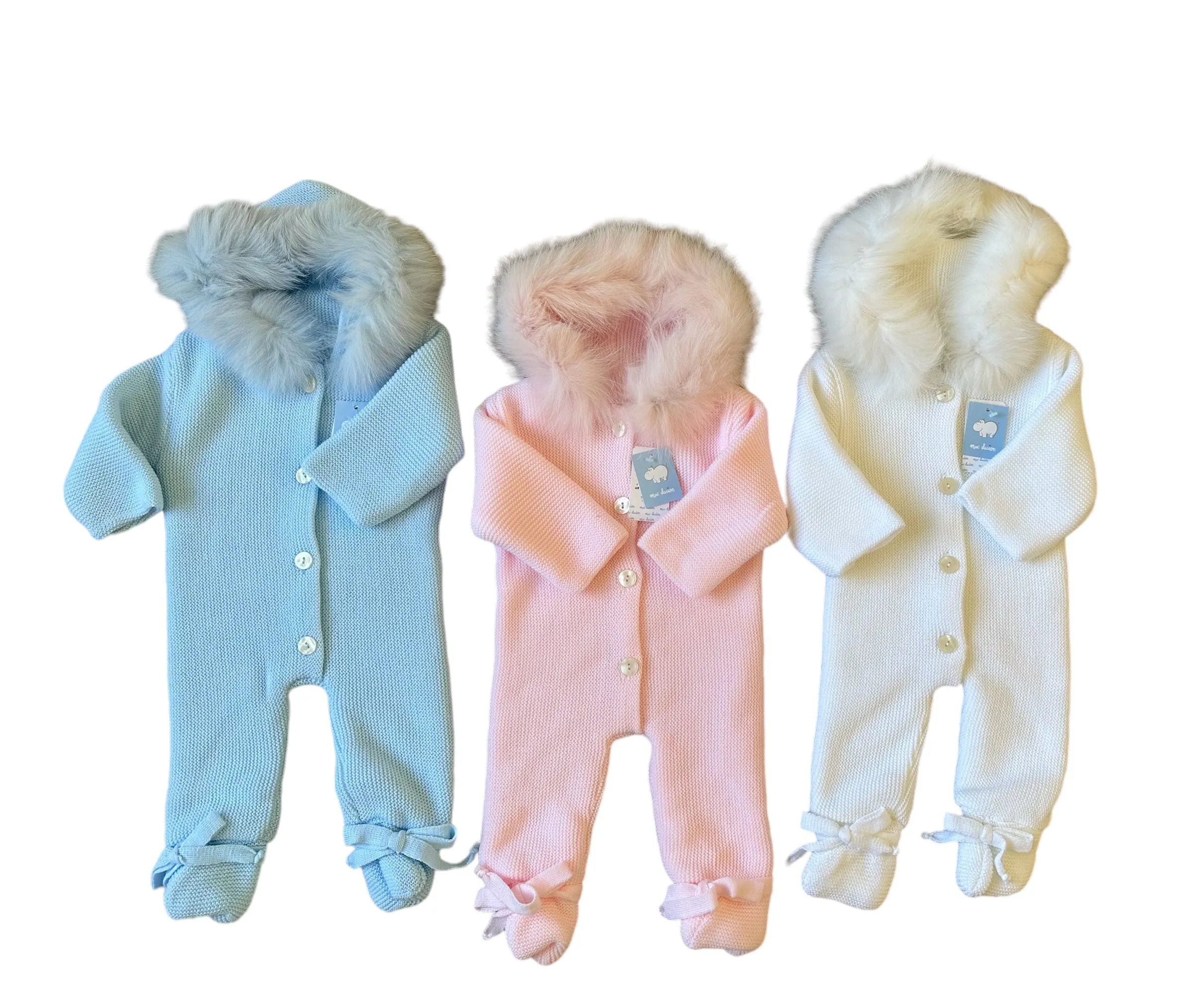 Mac Ilusion AW24 - Baby Girl's Knitted Lined Pramsuit with Natural Fur Hood