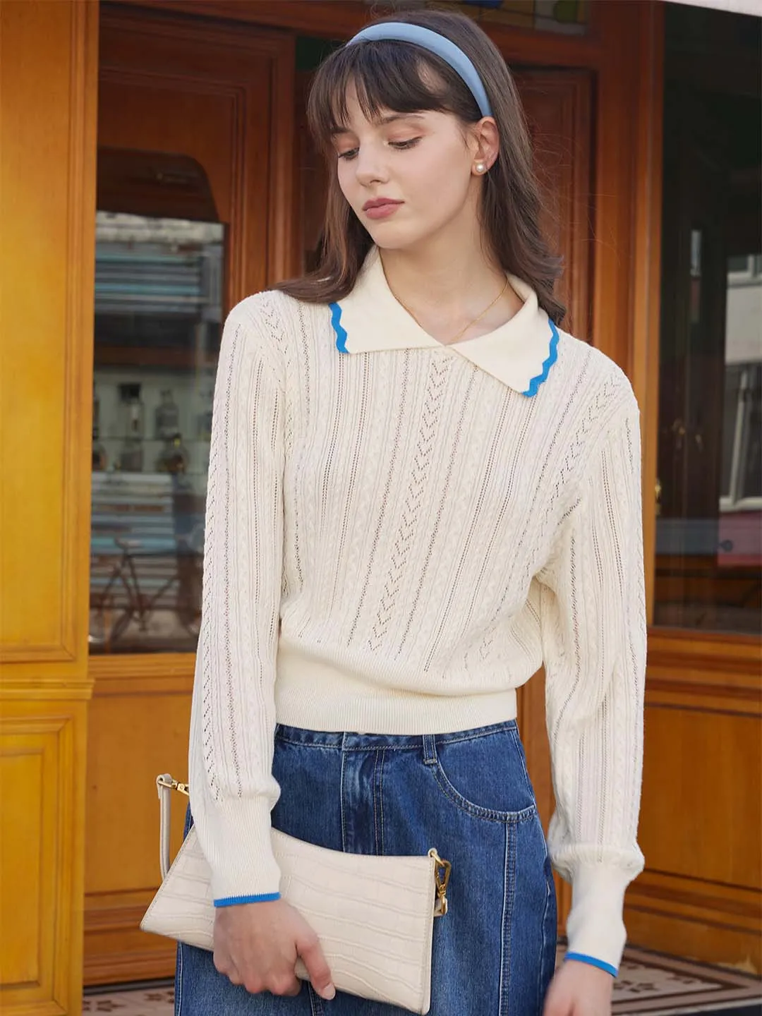 Maria Contrast Wavy Lapel Knitted Sweater