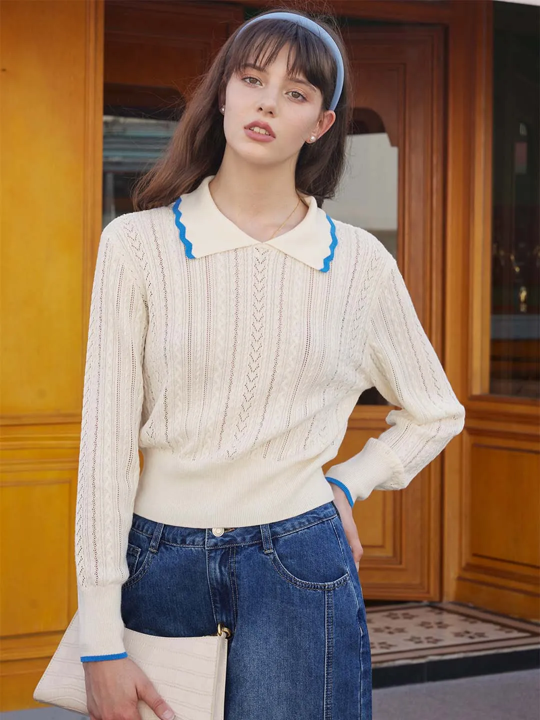 Maria Contrast Wavy Lapel Knitted Sweater