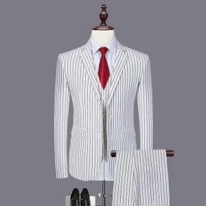 Mens Pinstripe Suit Slim Fit Casual Dress Suits Blazer   Vest   Pants 3 Piece