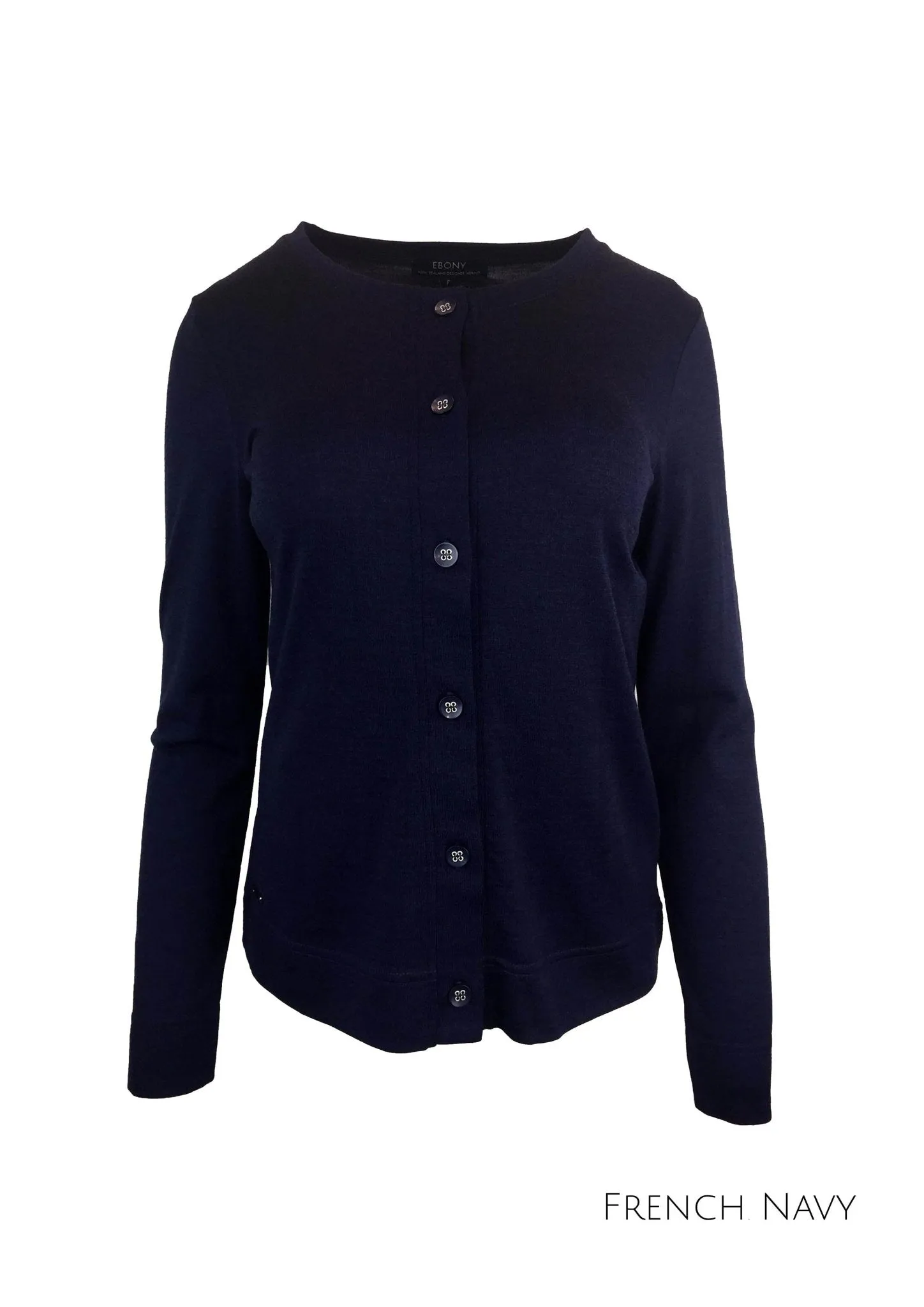 MERINO BUTTON CARDIGAN WOMENS LONG SLEEVES CREW NECK FRENCH NAVY