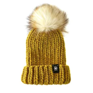 Merino Folded Brim Faux Fur Pom-Pom Beanie in Golden Birch