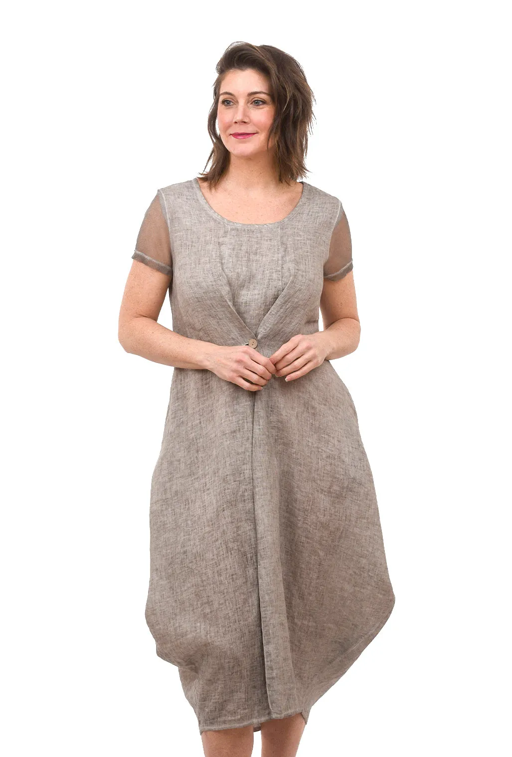 Mesh Sleeve Linen Dress, Beige