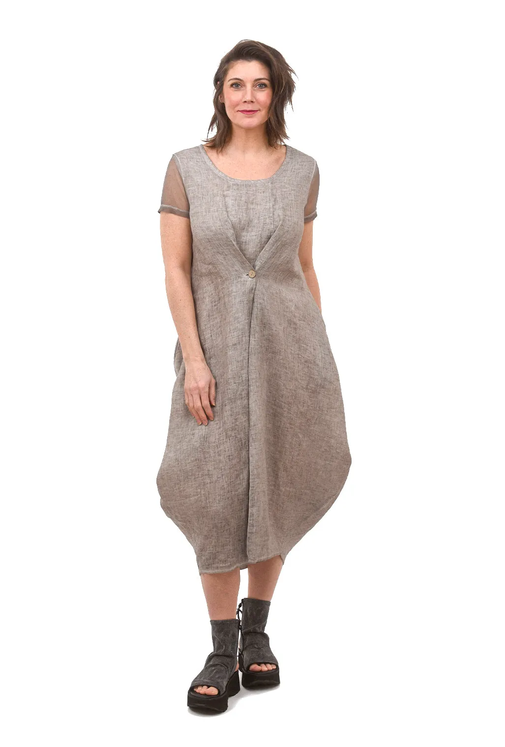 Mesh Sleeve Linen Dress, Beige