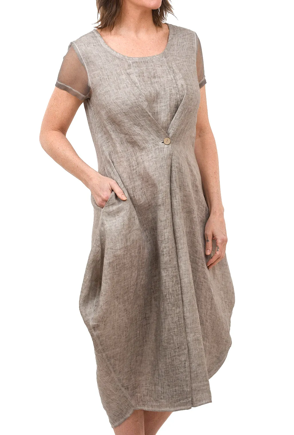 Mesh Sleeve Linen Dress, Beige