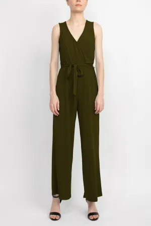 Nina Leonard V- Neck Back Zipper Sleeveless Front Tie Waist Jersey Jumpsuit