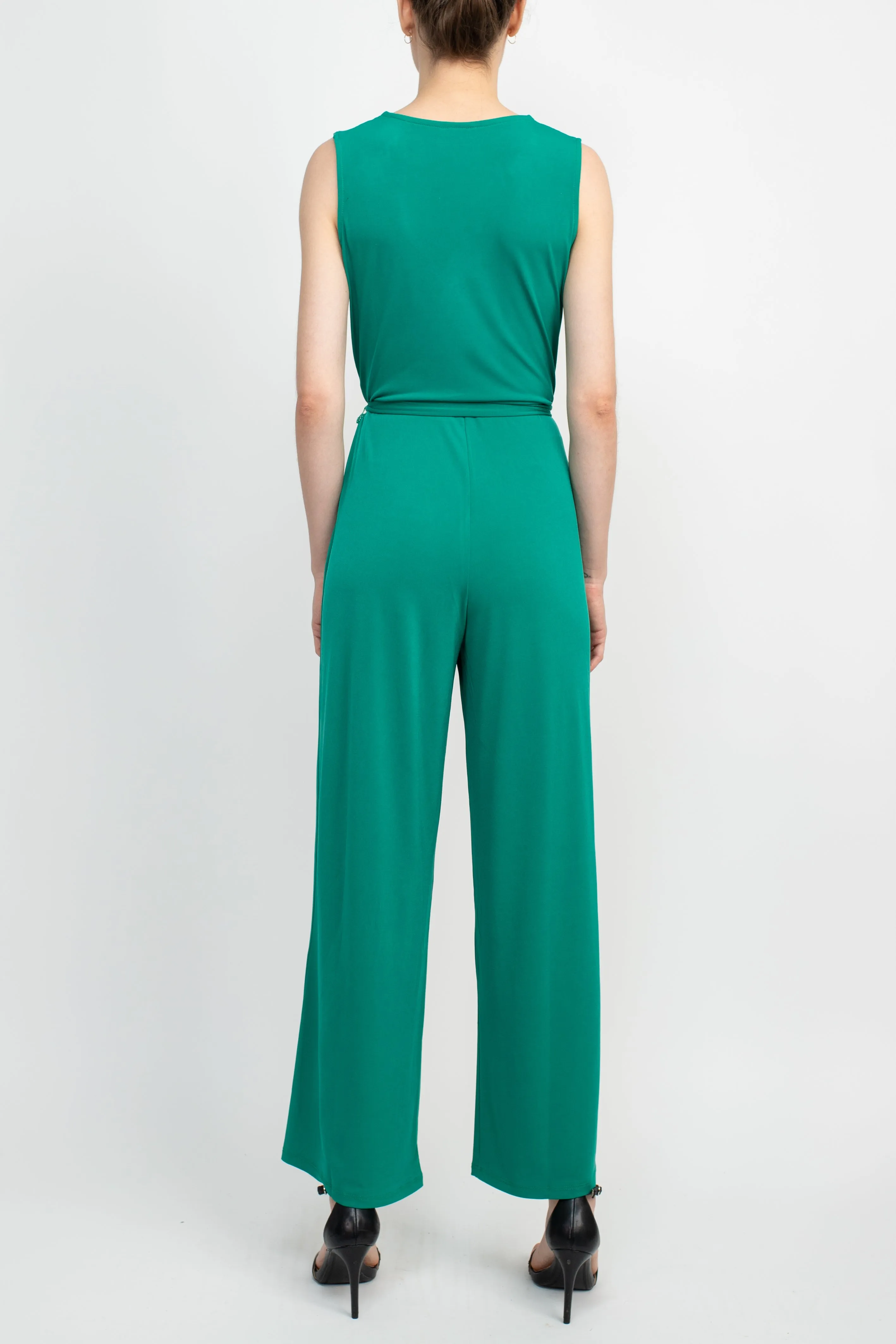 Nina Leonard V- Neck Back Zipper Sleeveless Front Tie Waist Jersey Jumpsuit