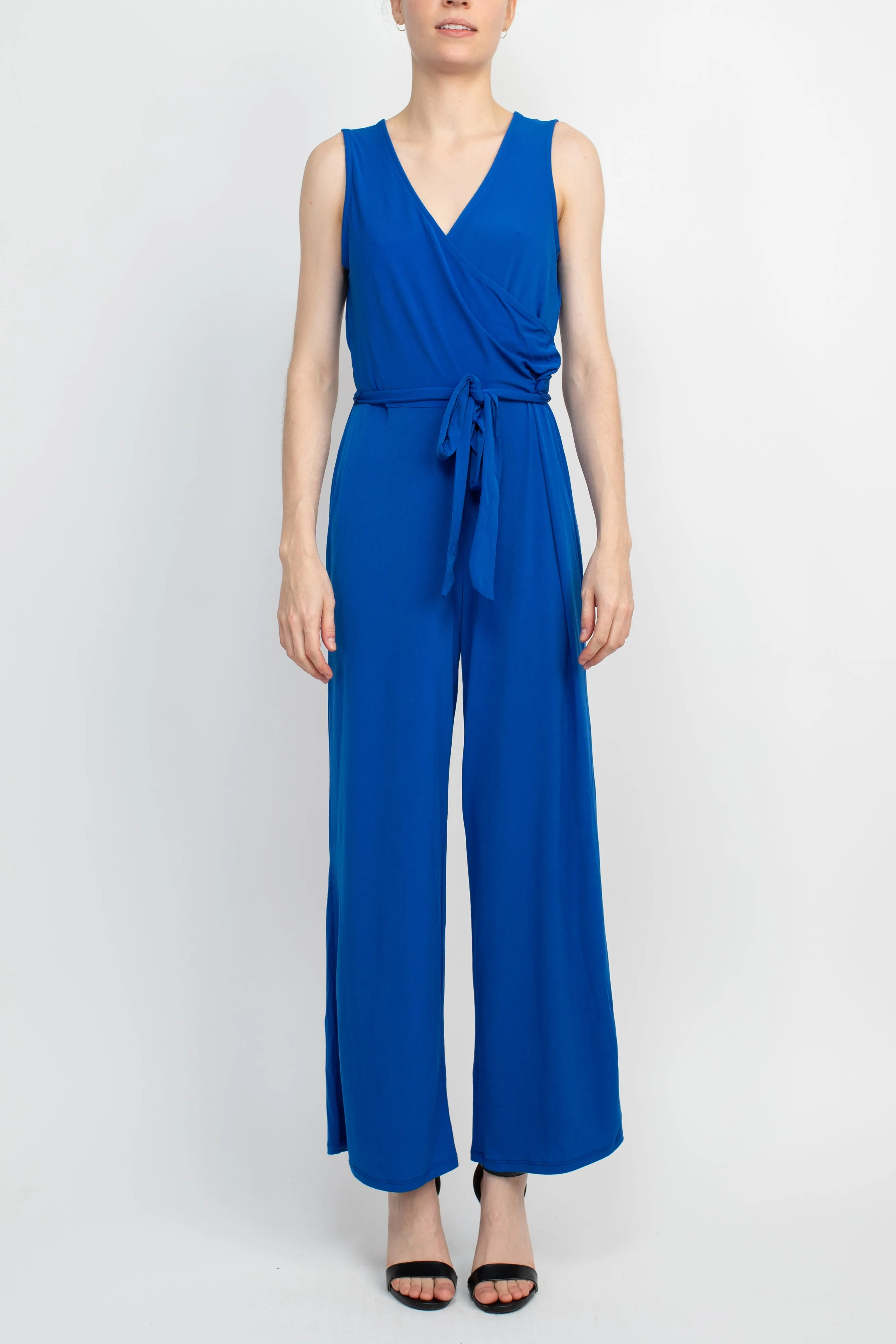 Nina Leonard V- Neck Back Zipper Sleeveless Front Tie Waist Jersey Jumpsuit