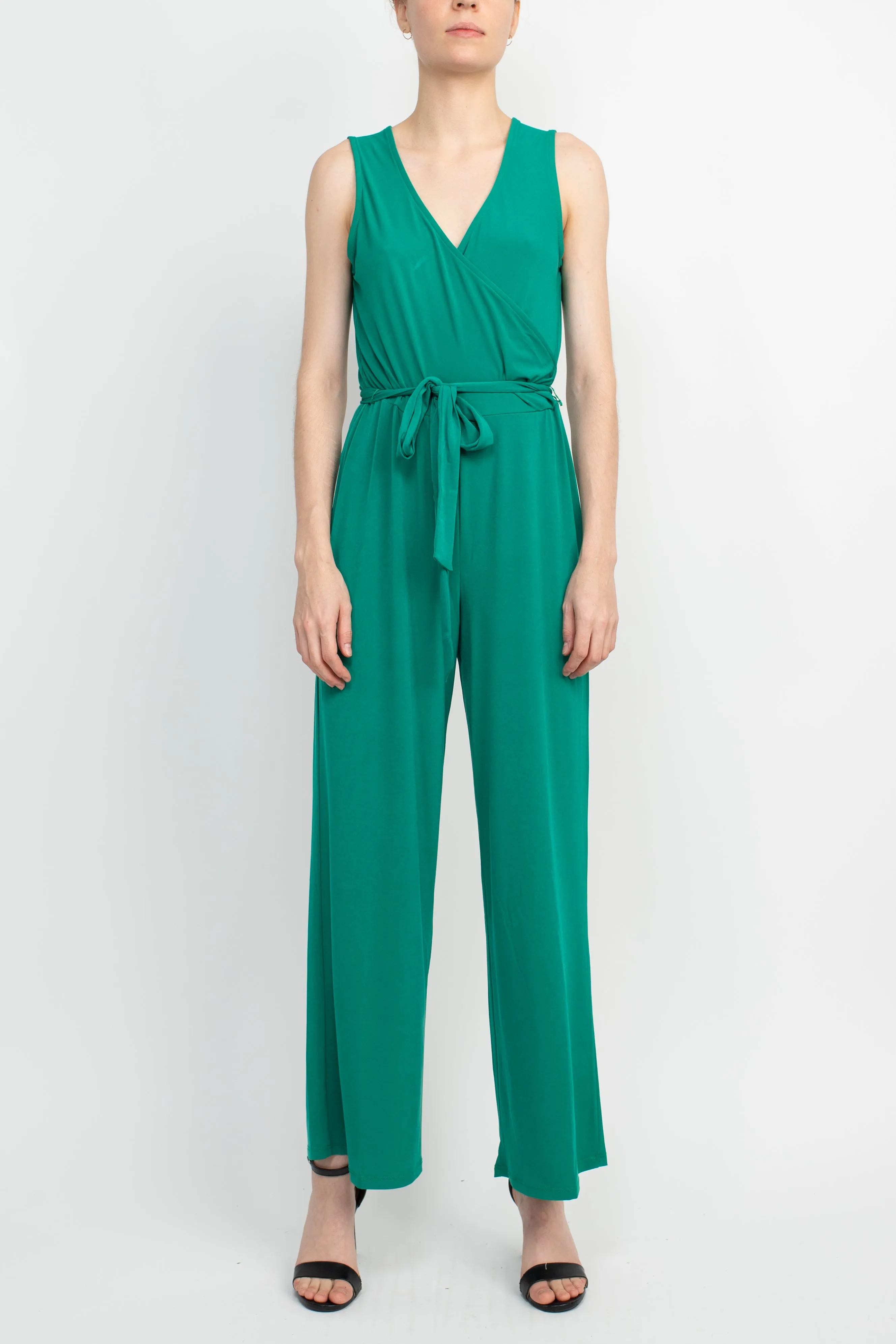 Nina Leonard V- Neck Back Zipper Sleeveless Front Tie Waist Jersey Jumpsuit