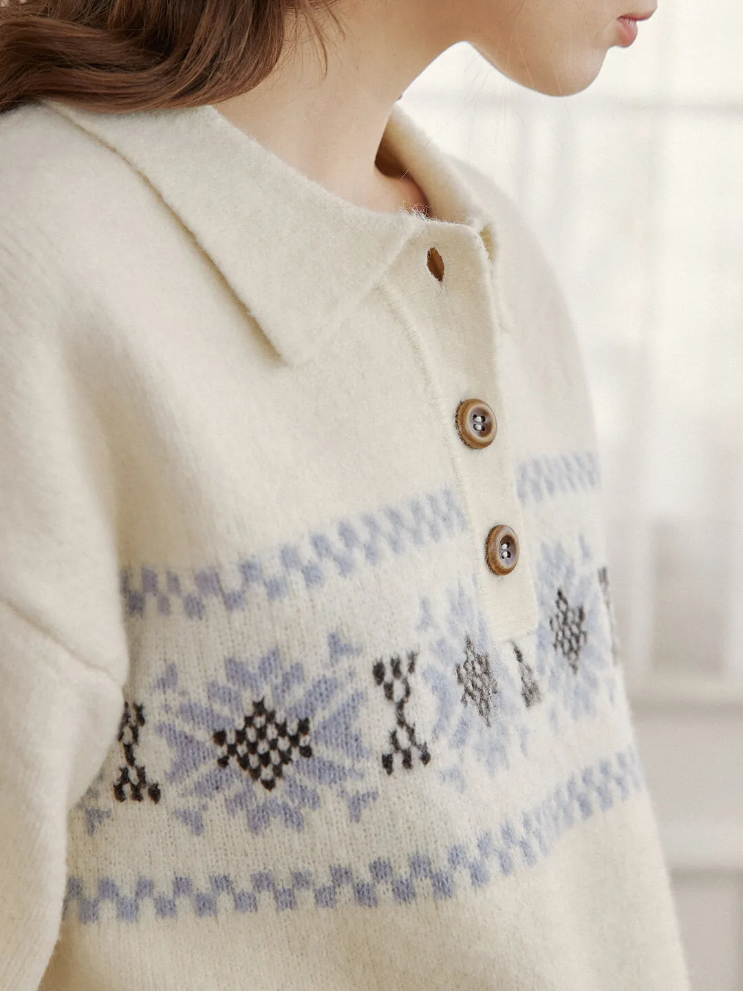 Norah Snowflake Jacquard Polo Fair Isle Knit Sweater