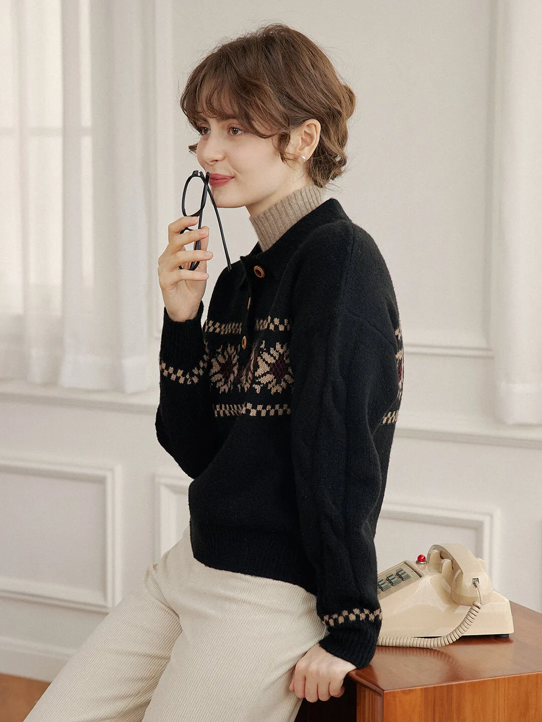 Norah Snowflake Jacquard Polo Fair Isle Knit Sweater