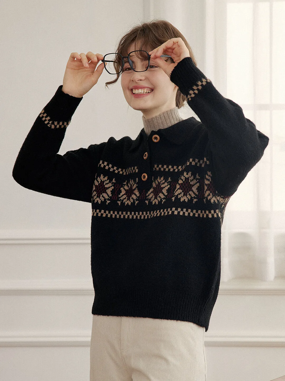 Norah Snowflake Jacquard Polo Fair Isle Knit Sweater