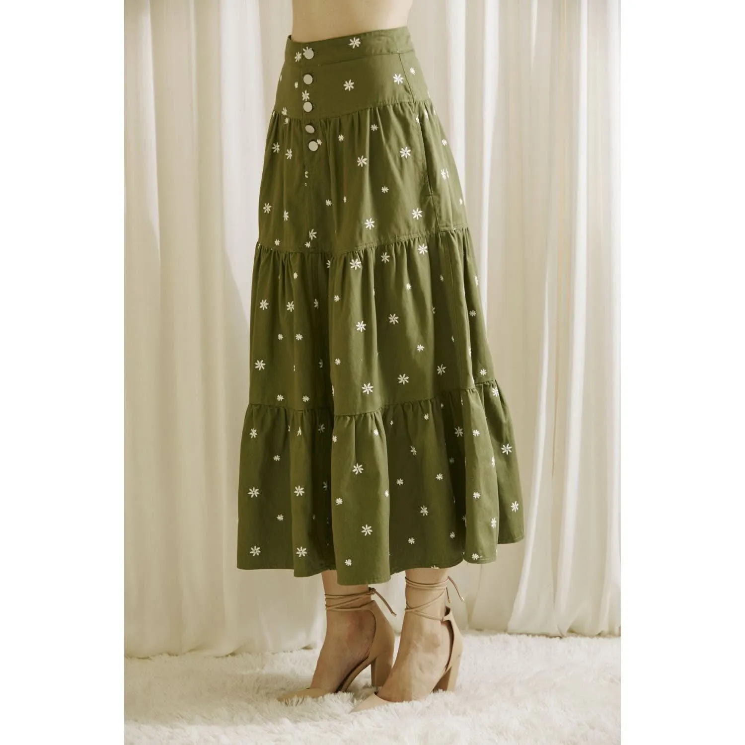 Olive   White Polka Embroidered Daises Maxi Skirt