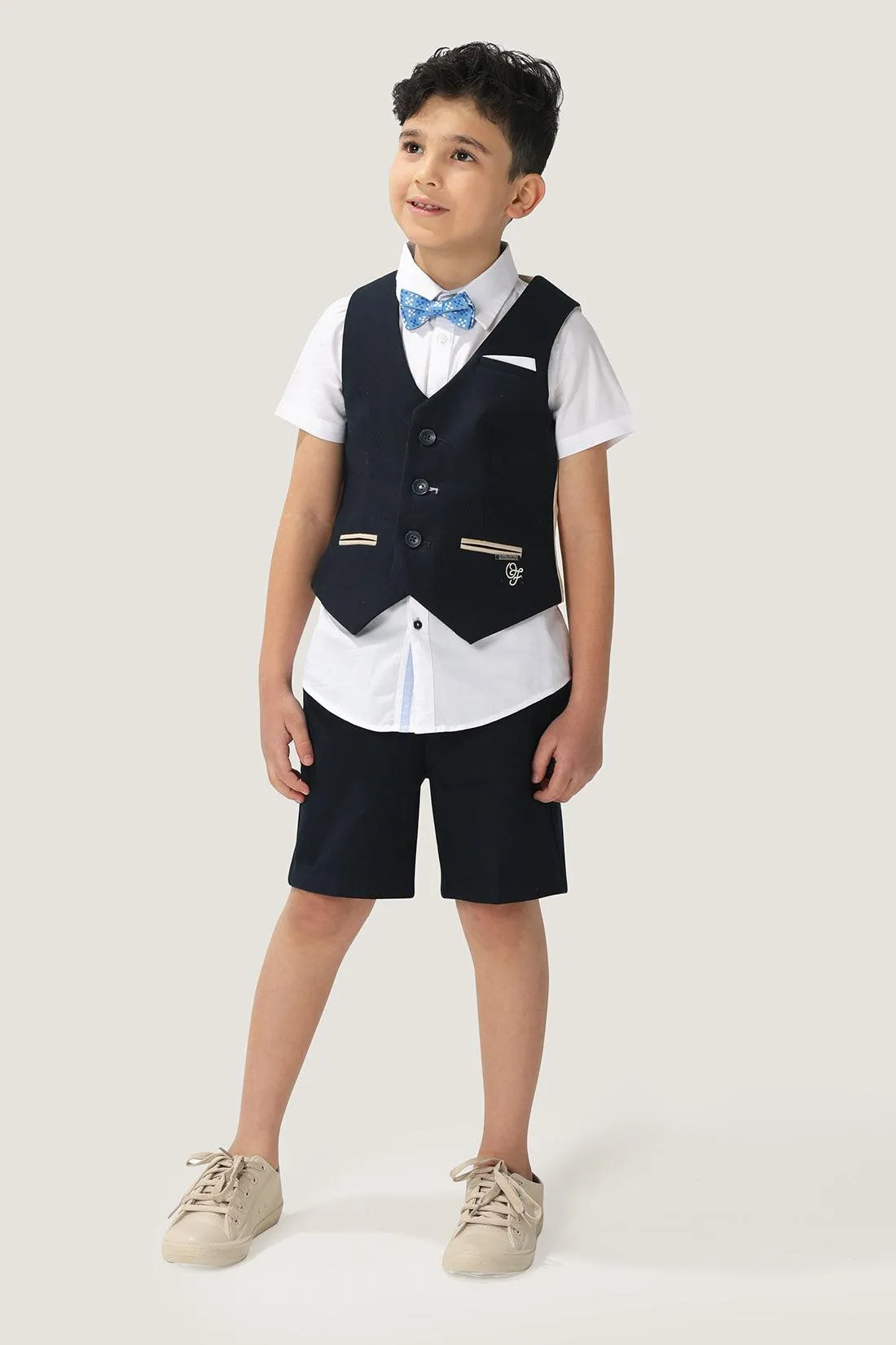 One Friday Kids Boys Navy Blue Stretchable Cotton Waistcoat With Front Pockets