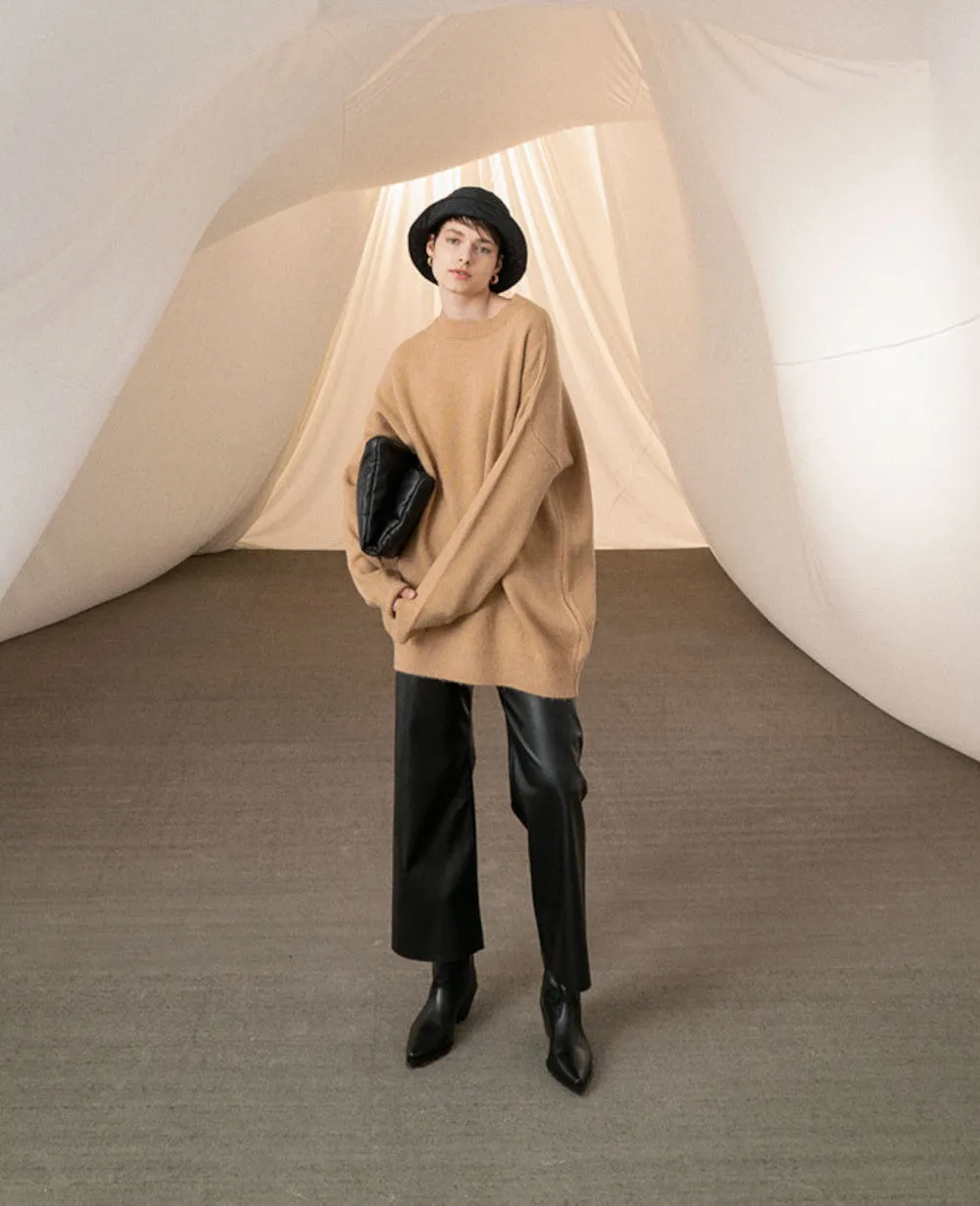 OVERSIZED ROUND NECK PULLOVER "JOYA" CAMEL