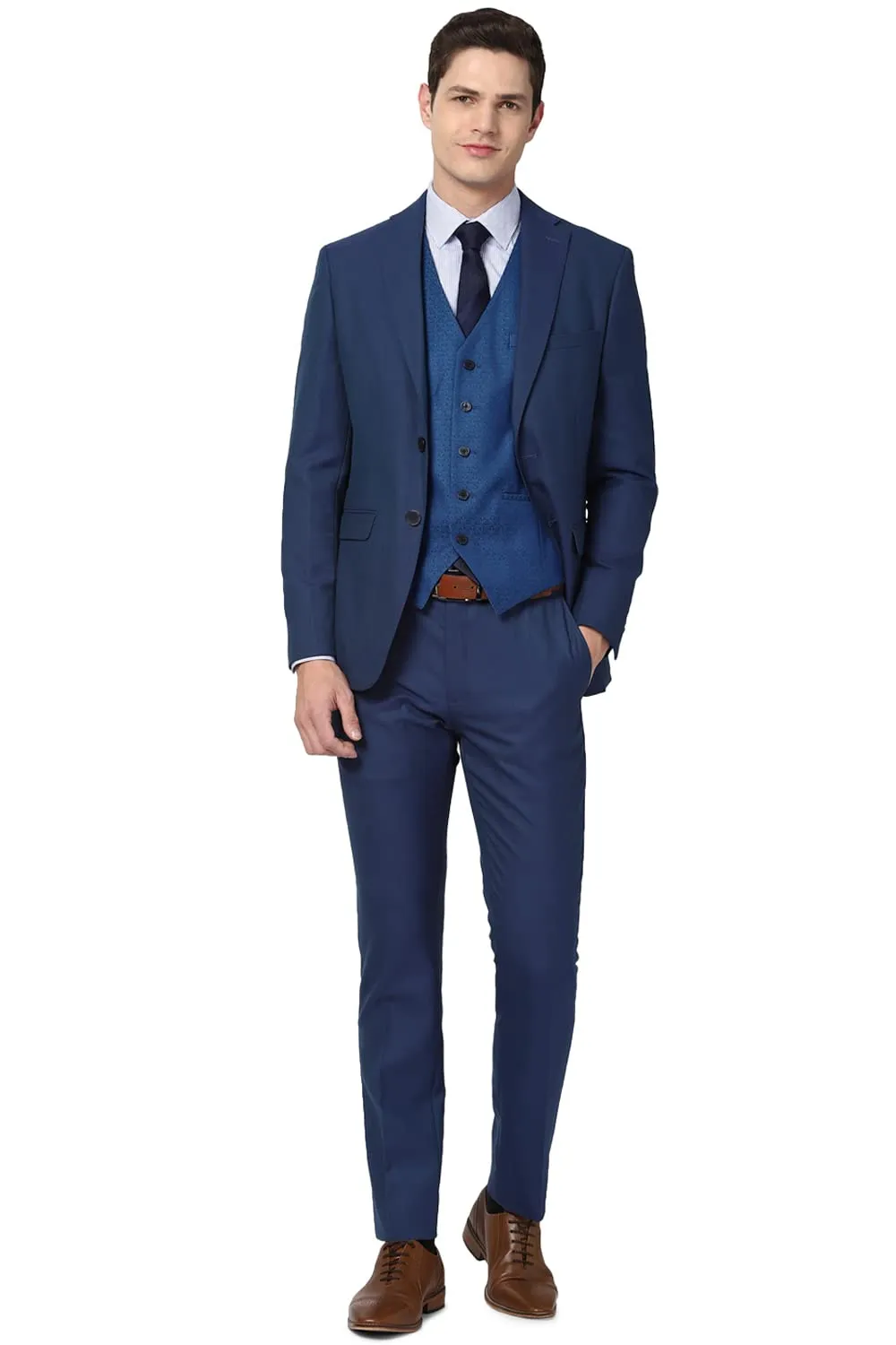 Peter England Men's Polyester Blend Three Piece Suit (PIS3ONSFM18198_Navy_40)