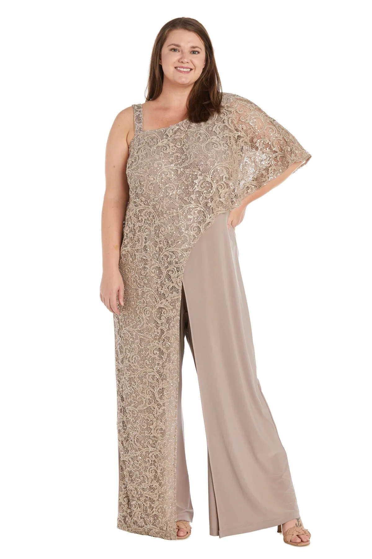 Plus Size Lace and Sequin Embellished Asymmetric Evening Jumpsuit