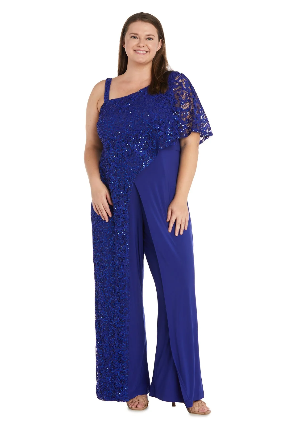 Plus Size Lace and Sequin Embellished Asymmetric Evening Jumpsuit