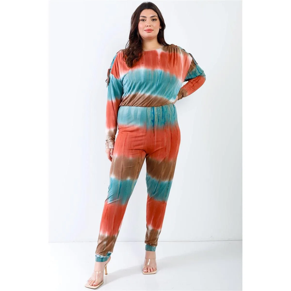 Plus Tie-dye Lace Up Shoulder Details Back Wrap Cut-out Jumpsuit