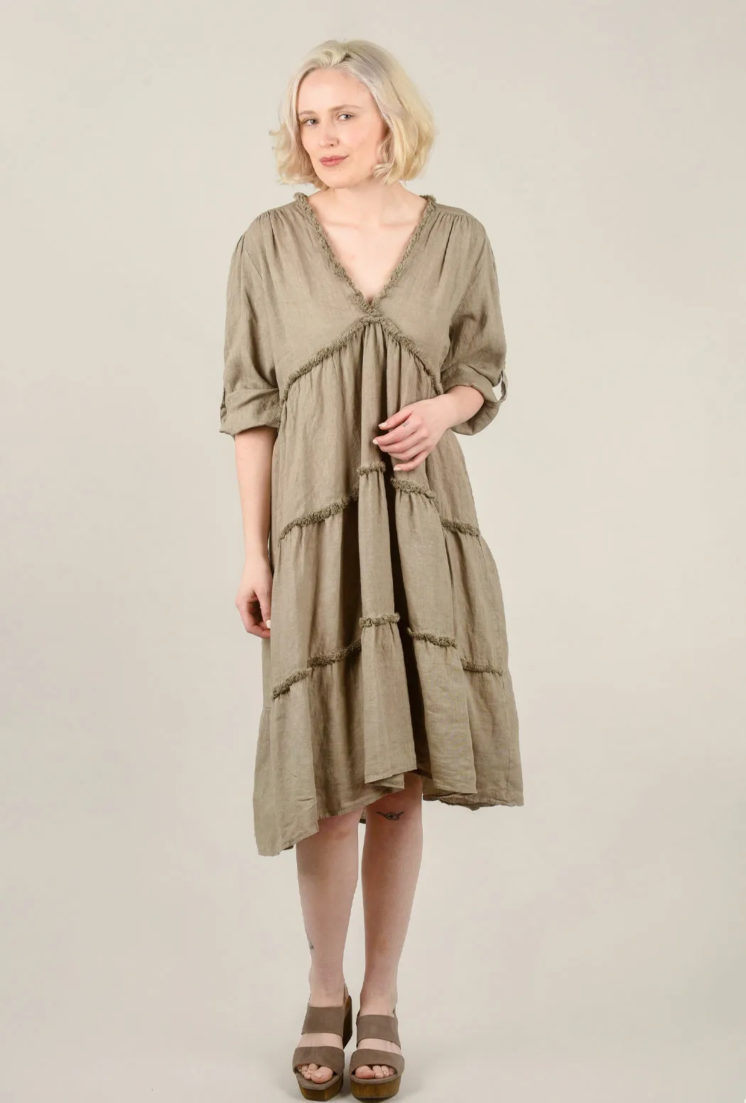 Raw-Edge Linen Midi Dress, Taupe