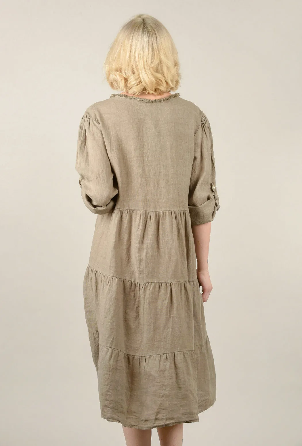 Raw-Edge Linen Midi Dress, Taupe