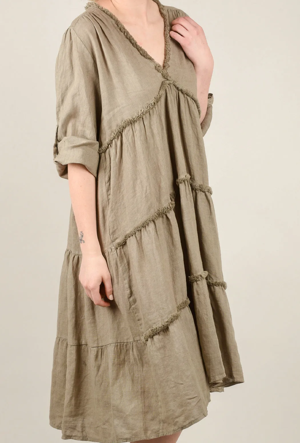 Raw-Edge Linen Midi Dress, Taupe