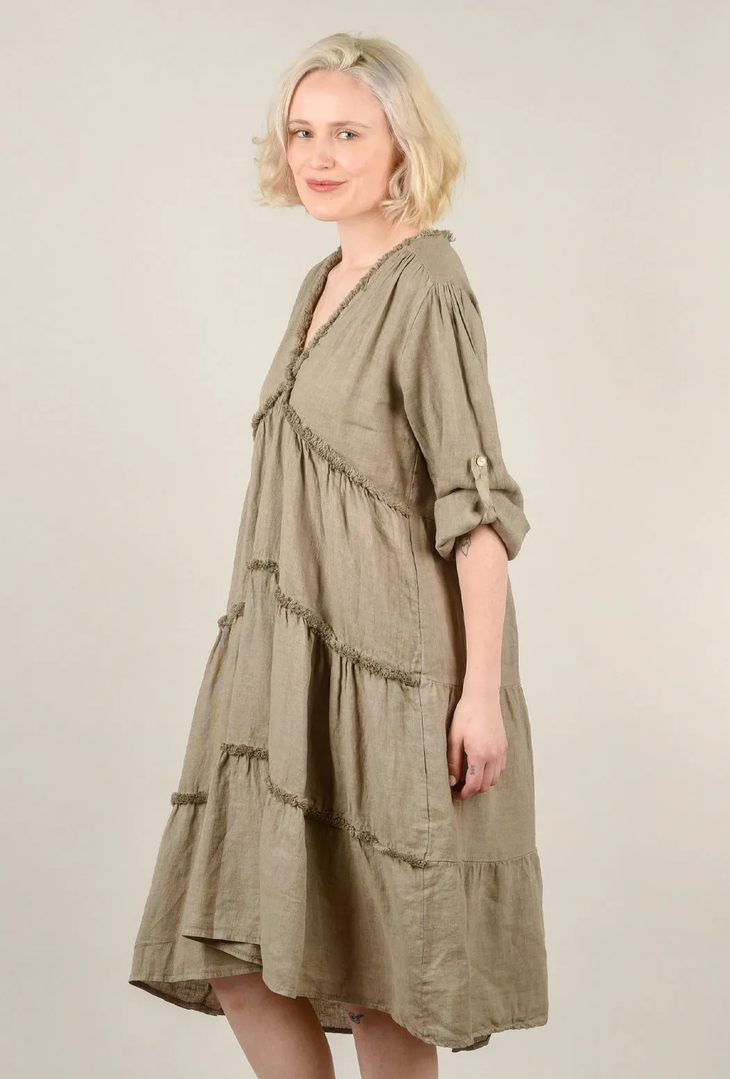 Raw-Edge Linen Midi Dress, Taupe