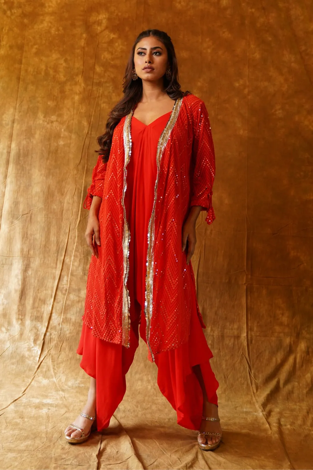 Red-Glam: Mirrorwork Jumpsuit with Overlay Jacket