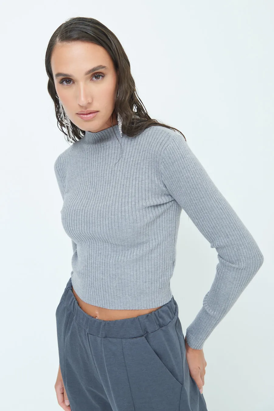 Ribbed long-sleeve mock neck top wholesale