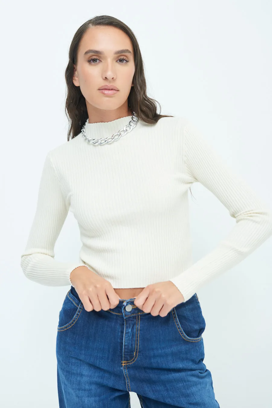 Ribbed long-sleeve mock neck top wholesale