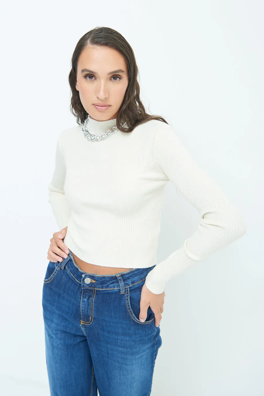 Ribbed long-sleeve mock neck top wholesale