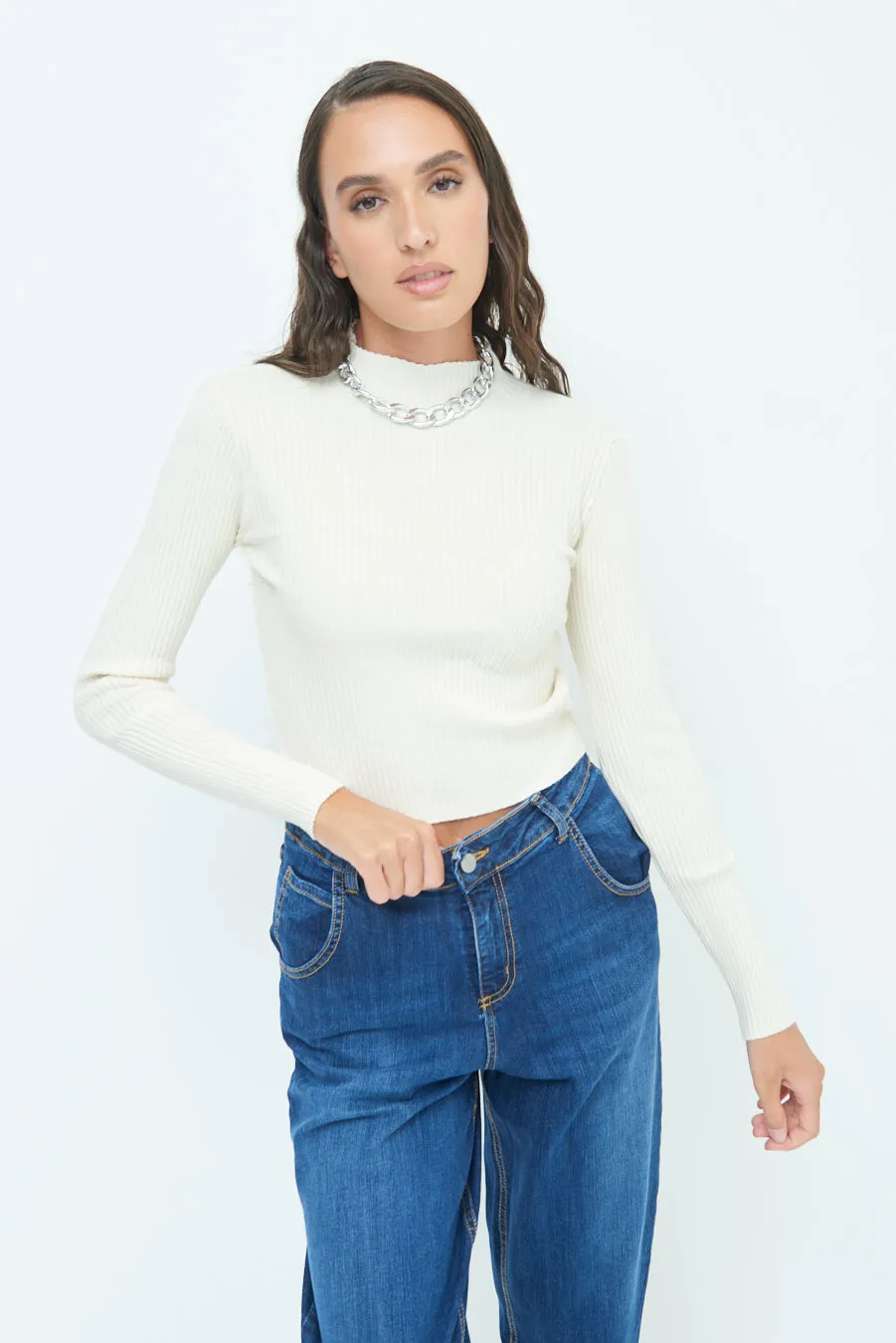 Ribbed long-sleeve mock neck top wholesale