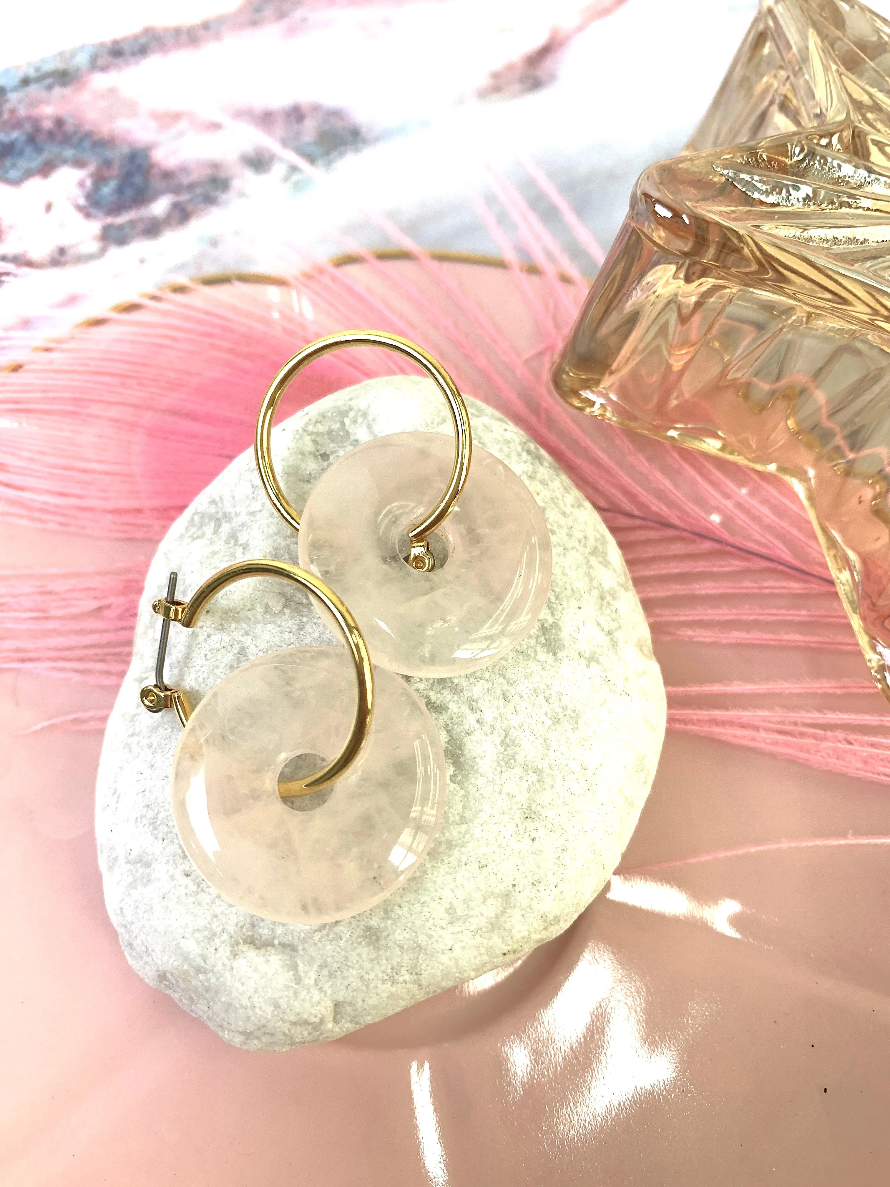 Rose Quartz Simple Round Donuts Clip On Earrings EE028