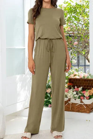 Round Neck Open Back Jumpsuit with Pockets