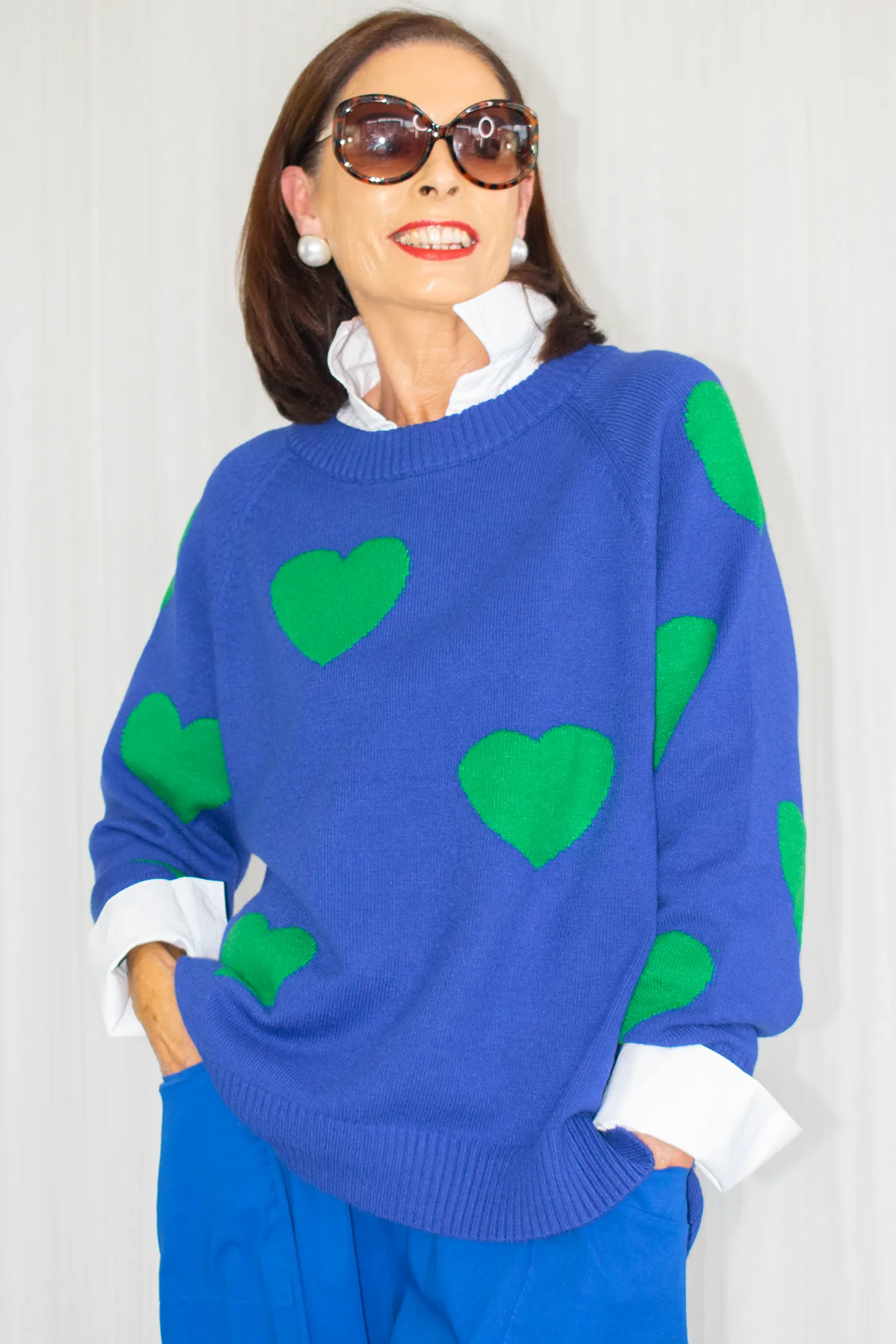 Ruby Ribbed round neck jumper with heart design in Royal Blue