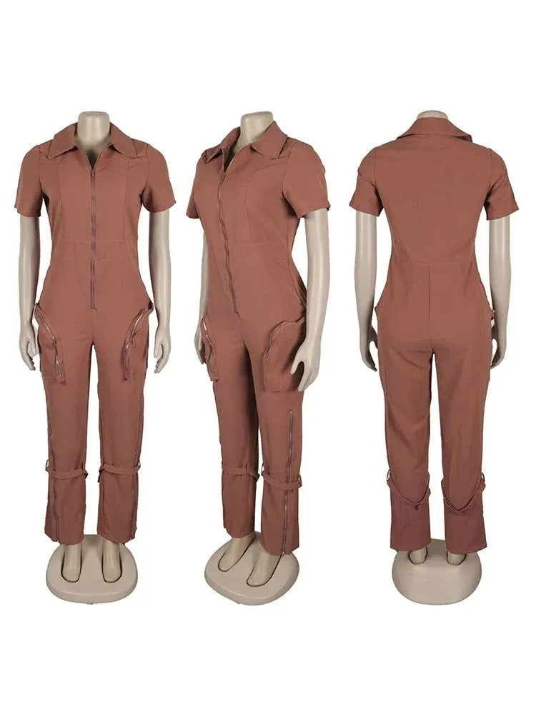 Safari Style Short Sleeve Zipper Pocket Cargo Jumpsuits